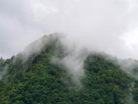 Mystische Nebelschwaden an den Bergen nach dem Regen